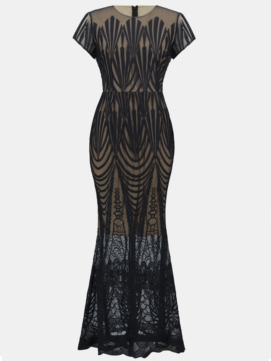 Joseph Ribkoff Embroidered lace trumpet gown Black Nude