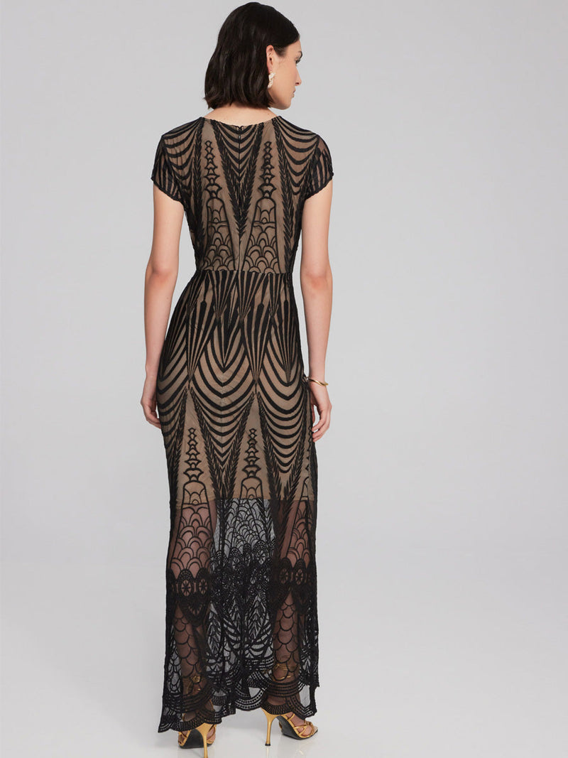 Joseph Ribkoff Embroidered lace trumpet gown Black Nude