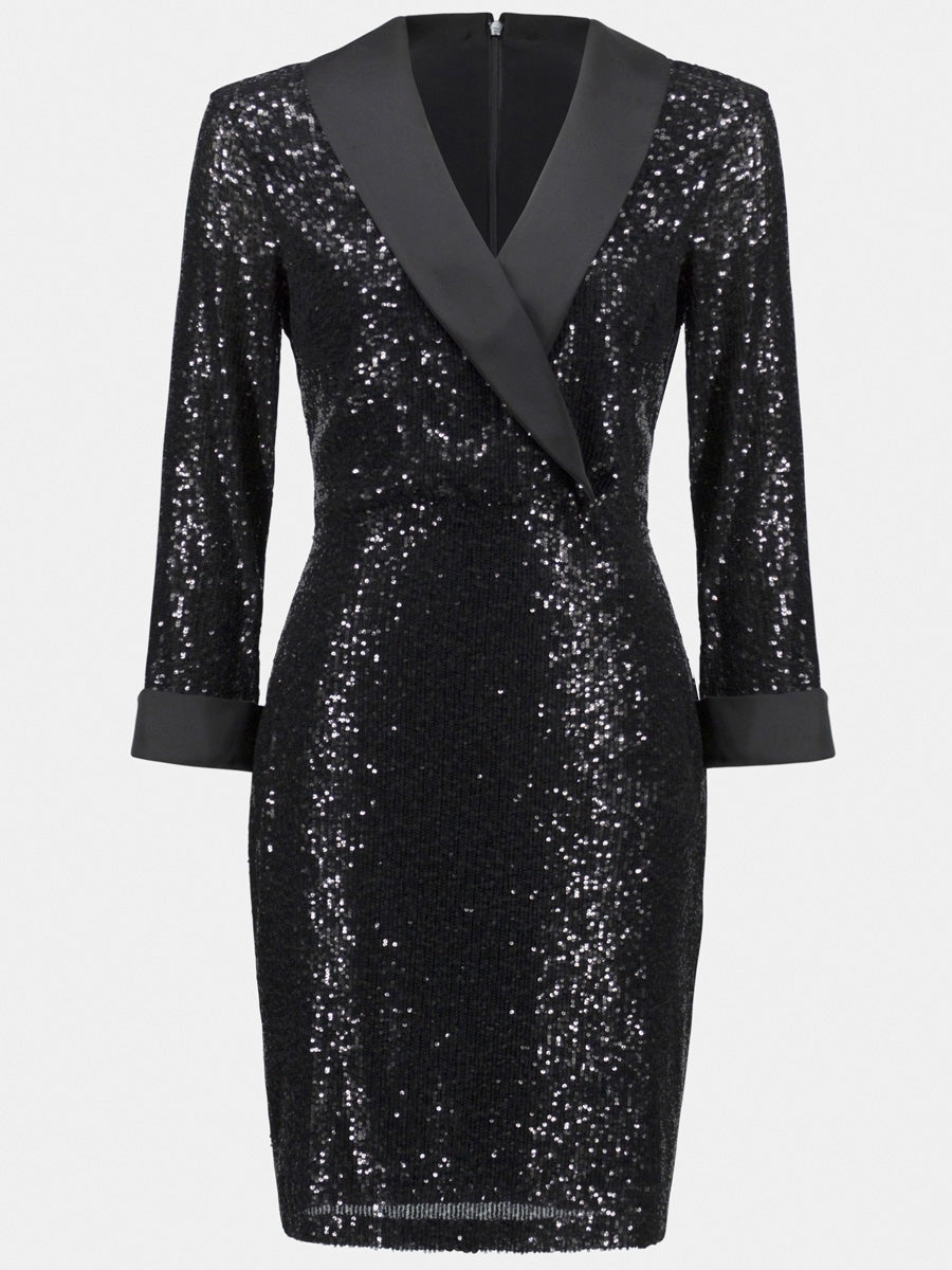 Joseph Ribkoff Sequin dress w. satin collar Black