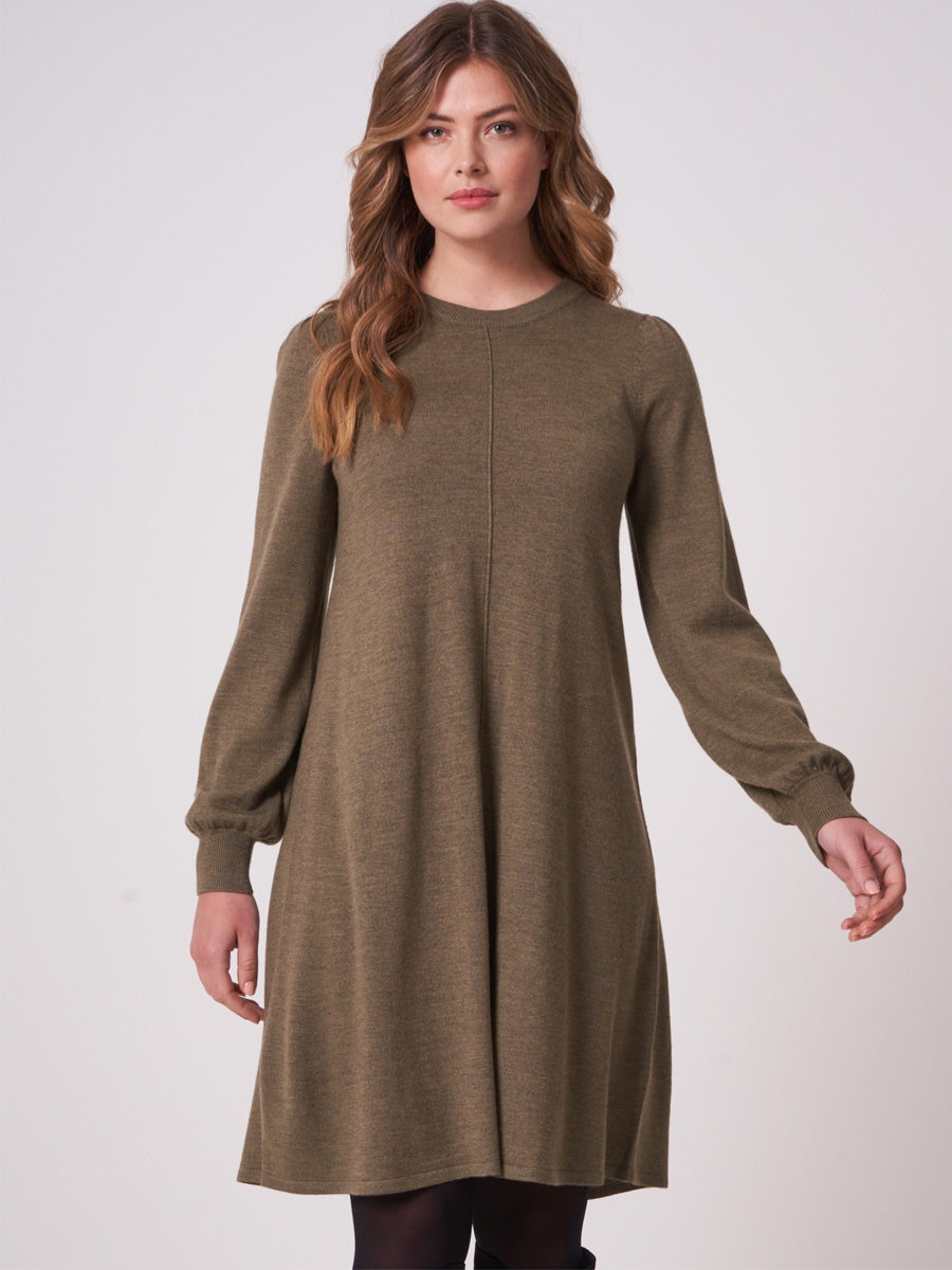 Repeat Cashmere A-line knitted dress olive