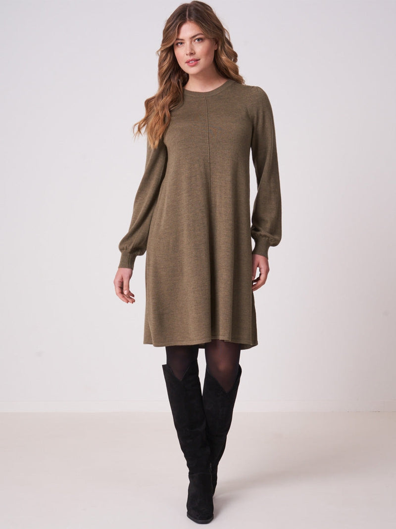 Repeat Cashmere A-line knitted dress olive